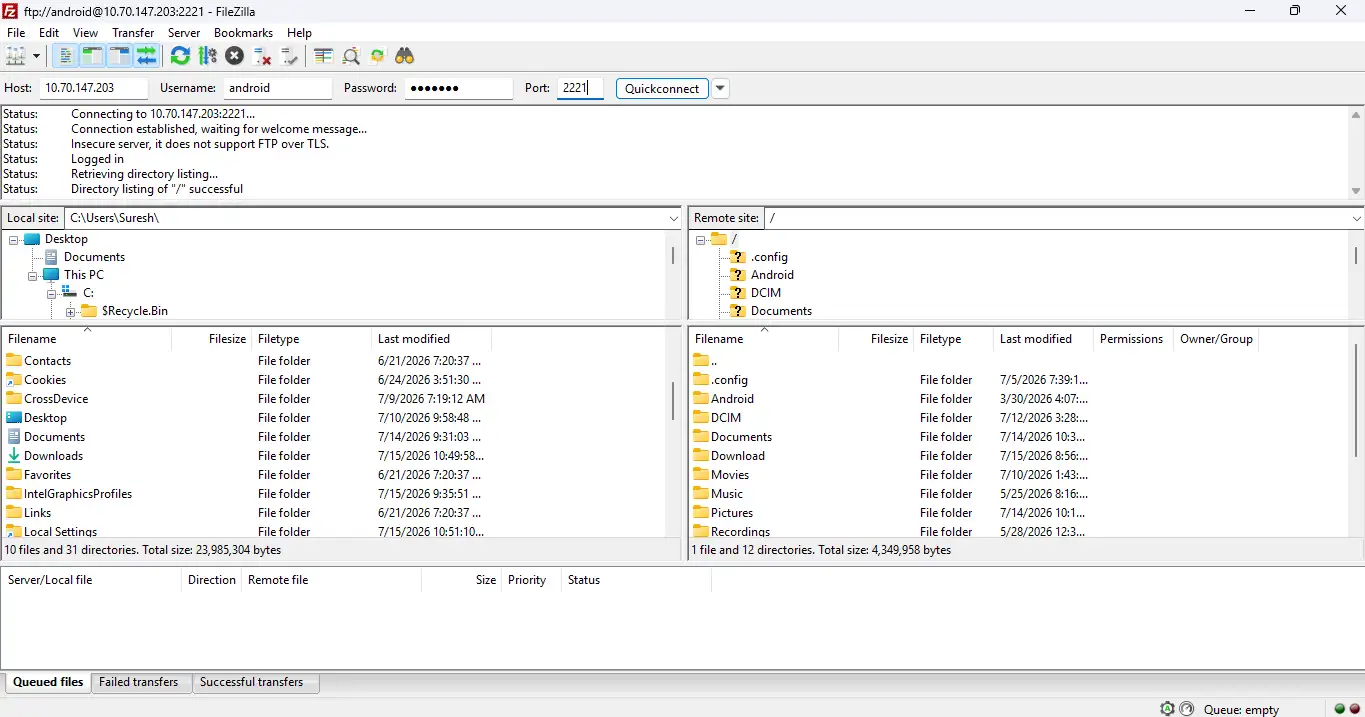 FileZilla SFTP Interface Drag and Drop