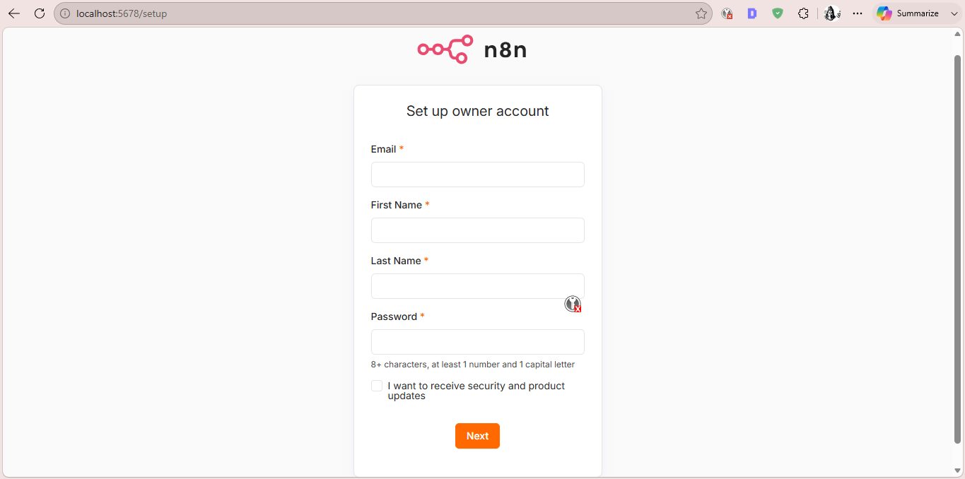 The n8n web interface login screen